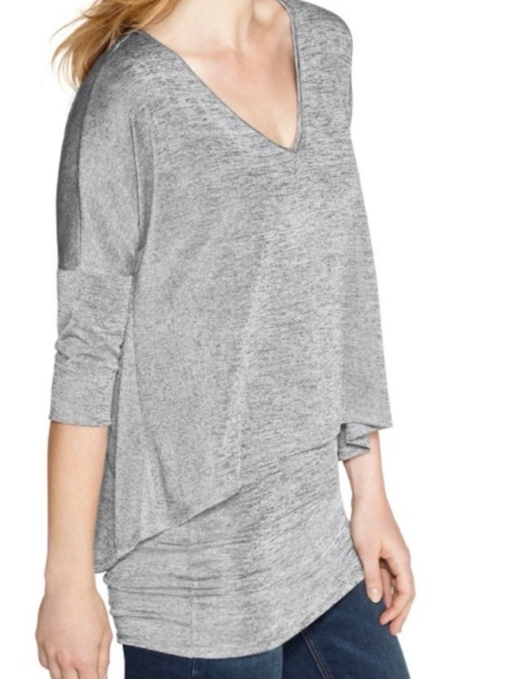 WHBM V-NECK DOUBLE LAYERED TUNIC TOP, Metallic Silver / Space Gray | Sz S